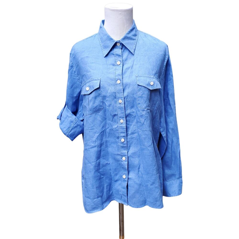 Lands' End Blue Linen Top Coastal Grandma Preppy Button Down Shirt Roll Tab Sz M